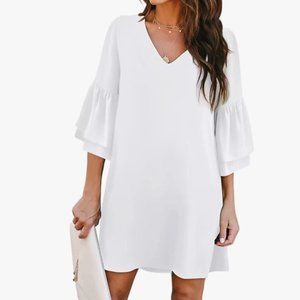 White Summer V-Neck Bell Sleeve Shift Dress